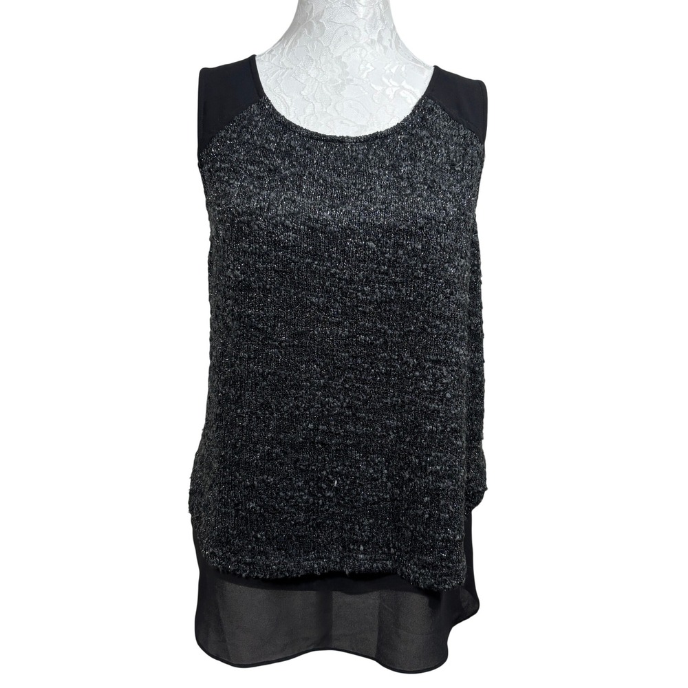 Sanctuary Black Bouclé Knit Sheer Hem Sleeveless Tunic Blouse Top Womens Large